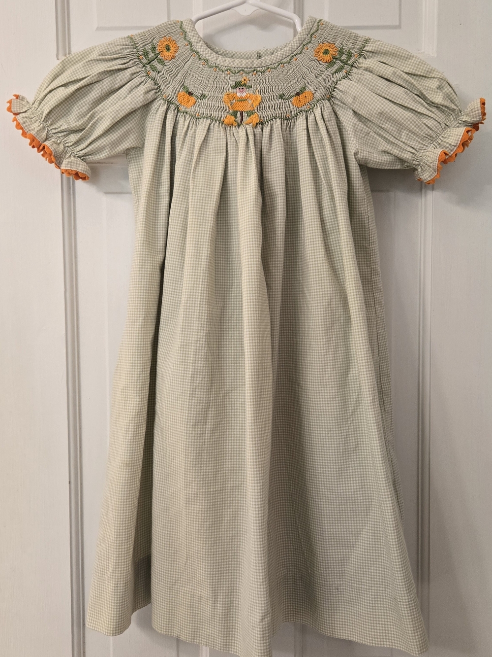Smocked Green Gingham Girl's Dress with Fall Harvest Embroidery